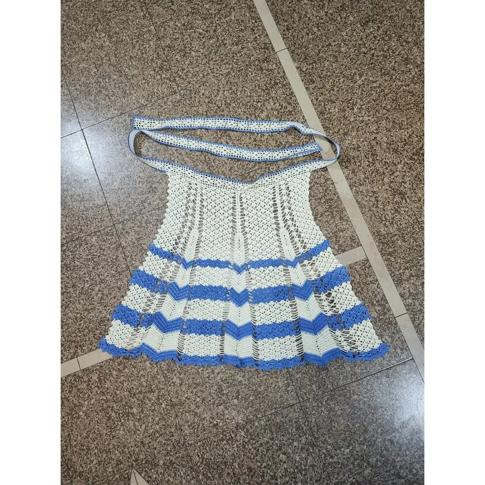 Vintage Child-Size Hand Crocheted Half Apron Beige Blue Prairie Farmgirl Cottage